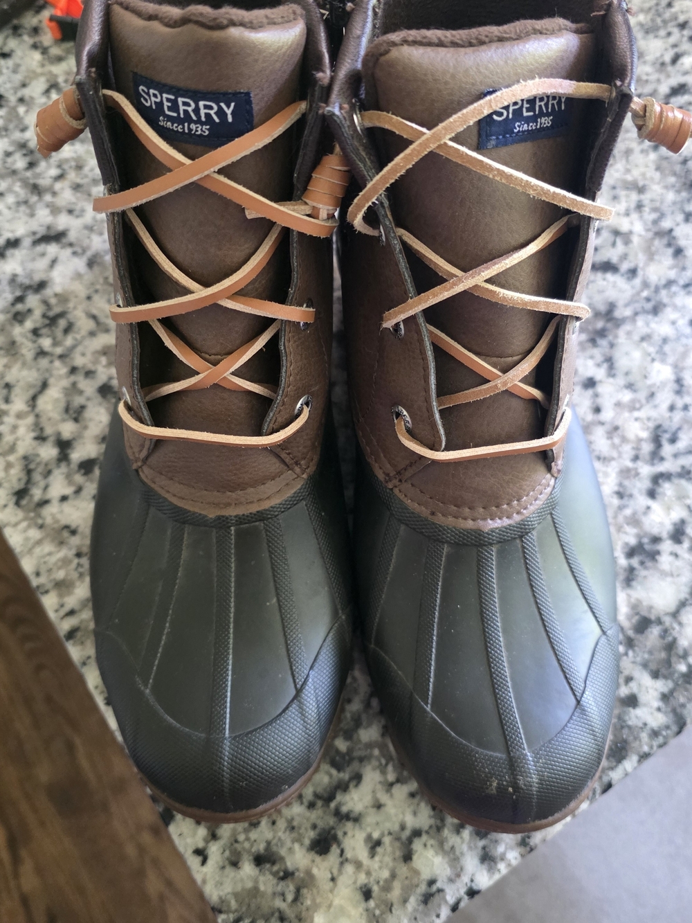 Sperry Olive Green & Brown Duck Boots with Tan Laces